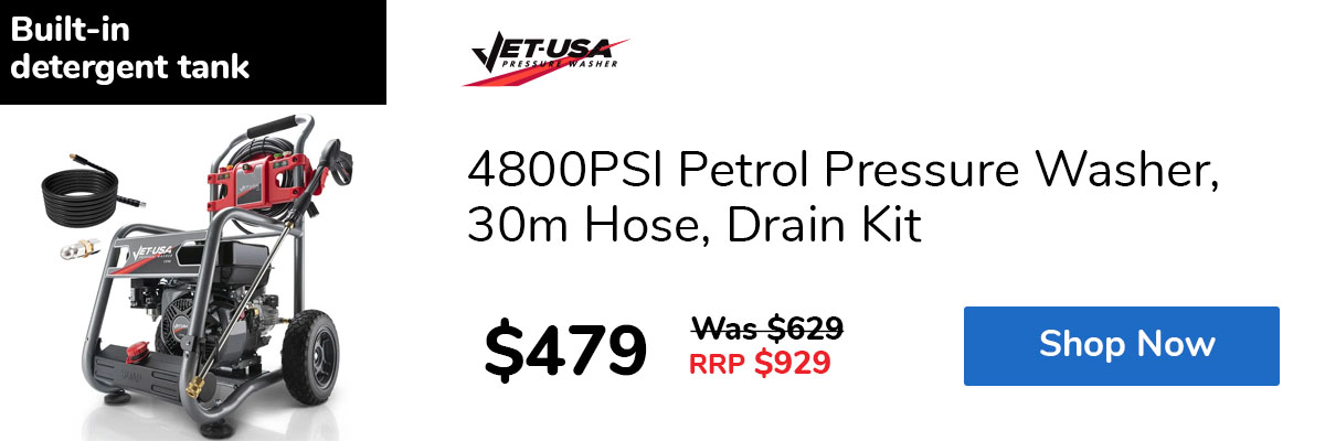 4800PSI Petrol Pressure Washer, 30m Hose, Drain Kit