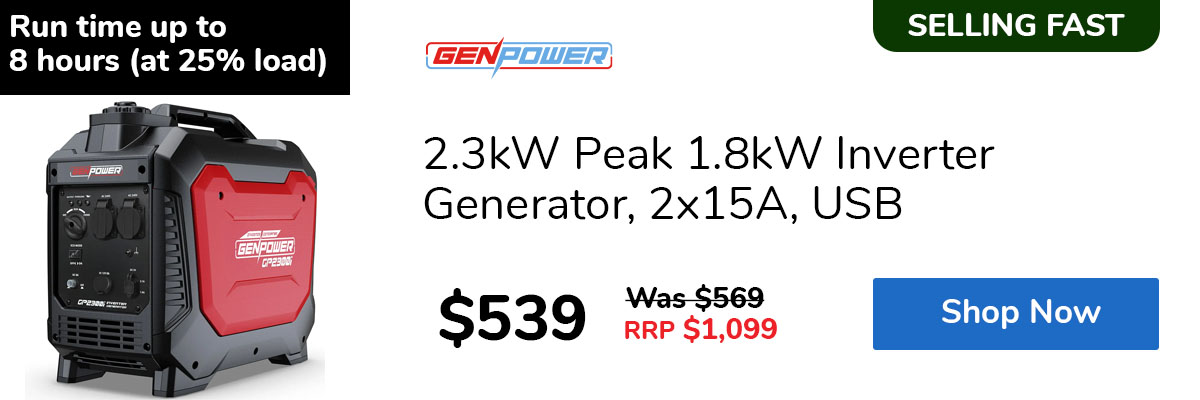 2.3kW Peak 1.8kW Inverter Generator, 2x15A, USB