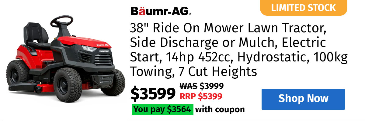 BAUMR-AG 38" Ride On Mower Lawn Tractor, Side Discharge or Mulch, Electric Start, 14hp 452cc, Hydrostatic, 100kg Towing, 7 Cut Heights