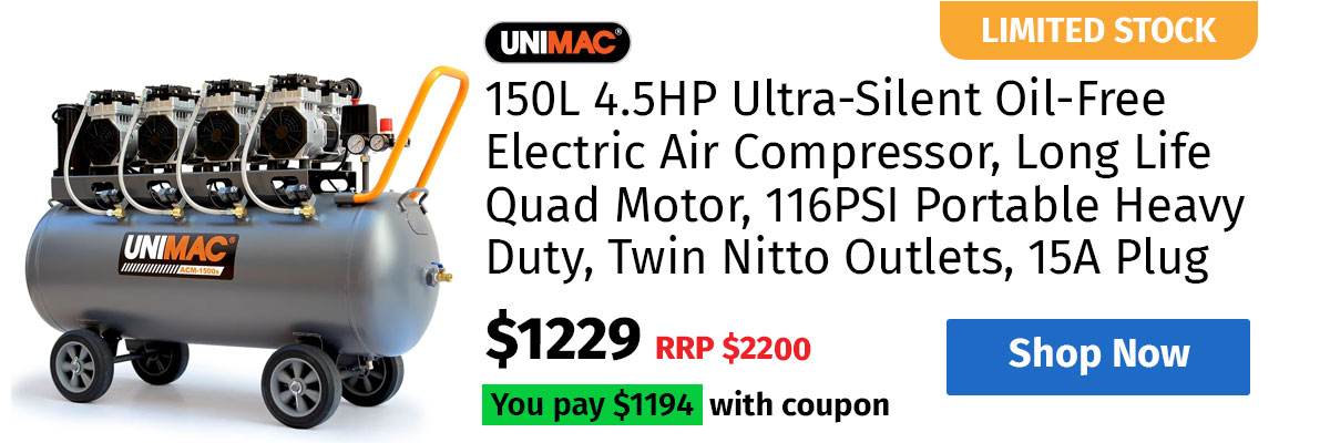 UNIMAC 150L 4.5HP Ultra-Silent Oil-Free Electric Air Compressor, Long Life Quad Motor, 116PSI Portable Heavy Duty, Twin Nitto Outlets, 15A Plug