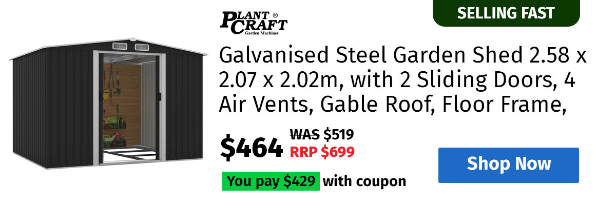 PLANTCRAFT Galvanised Steel Garden Shed 2.58 x 2.07 x 2.02m, with 2 Sliding Doors, 4 Air Vents, Gable Roof, Floor Frame, Black