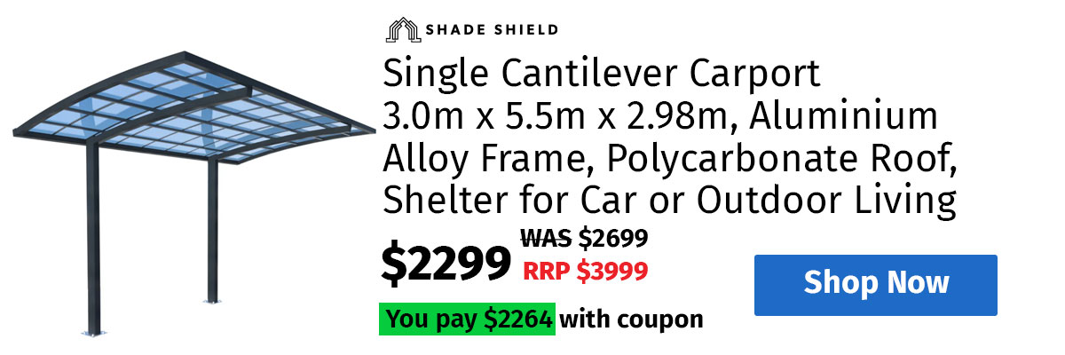 SHADE SHIELD Single Cantilever Carport 3.0m x 5.5m x 2.98m, Aluminium Alloy Frame, Polycarbonate Roof, Shelter for Car or Outdoor Living