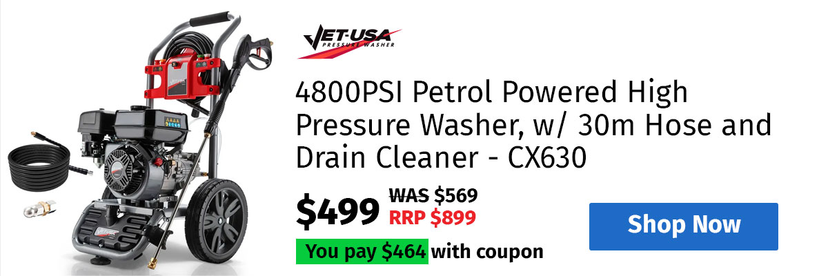 JET-USA 4800PSI Petrol Powered High Pressure Washer, w/ 30m Hose and Drain Cleaner - CX630