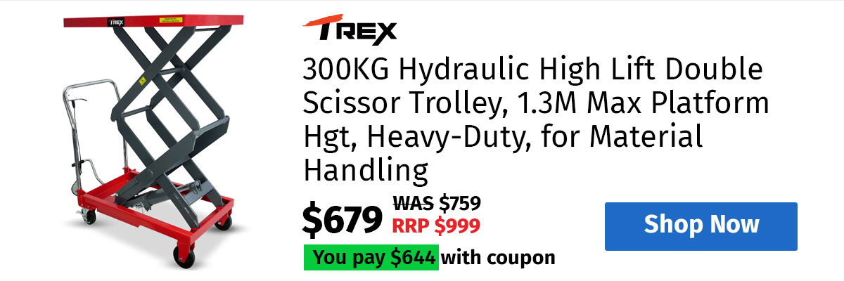 T-REX 300KG Hydraulic High Lift Double Scissor Trolley, 1.3M Max Platform Hgt, Heavy-Duty, for Material Handling