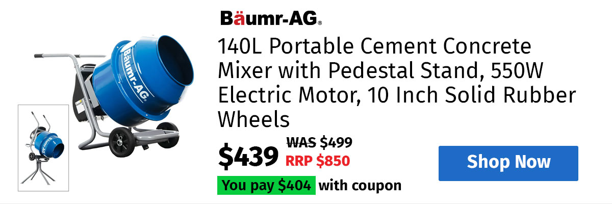 BAUMR-AG 140L Portable Cement Concrete Mixer with Pedestal Stand, 550W Electric Motor, 10 Inch Solid Rubber Wheels