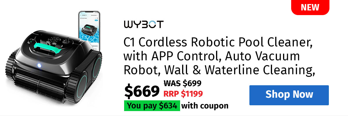 WYBOT C1 Cordless Robotic Pool Cleaner, with APP Control, Auto Vacuum Robot, Wall & Waterline Cleaning, Above Ground Inground up to 150sqm