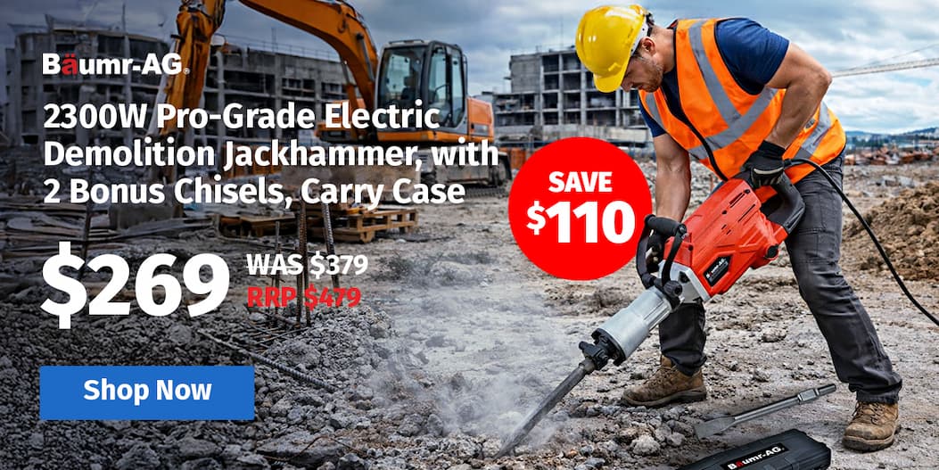 BAUMR-AG 2300W Pro-Grade Electric Demolition Jackhammer, with 2 Bonus Chisels, Carry Case