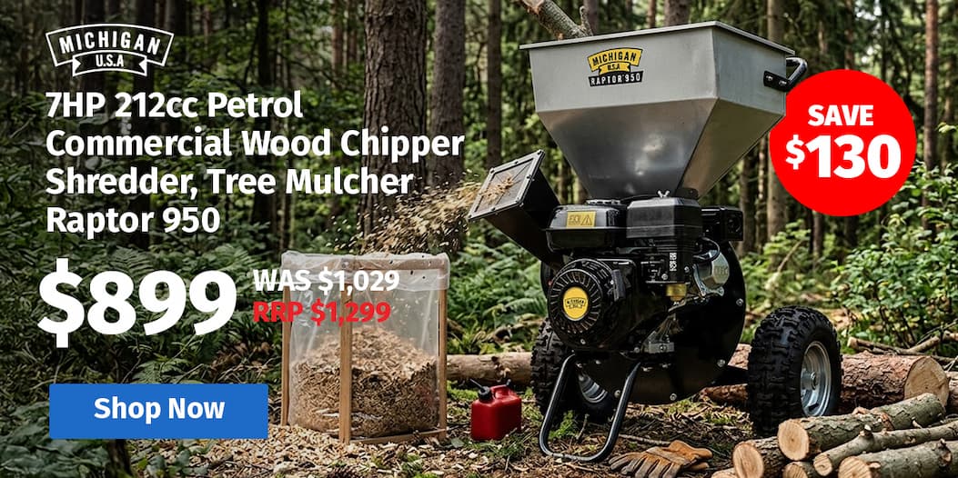 MICHIGAN 7HP 212cc Petrol Commercial Wood Chipper Shredder, Tree Mulcher - Raptor 950