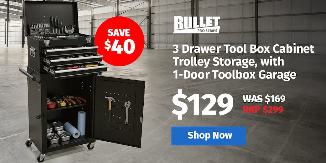 BULLET PRO 3 Drawer Tool Box Cabinet Trolley Storage, with 1-Door Toolbox Garage Organiser Set, Black