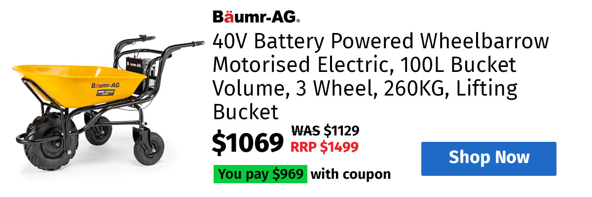 BAUMR-AG 40V Battery Powered Wheelbarrow Motorised Electric, 100L Bucket Volume, 3 Wheel, 260KG, Lifting Bucket