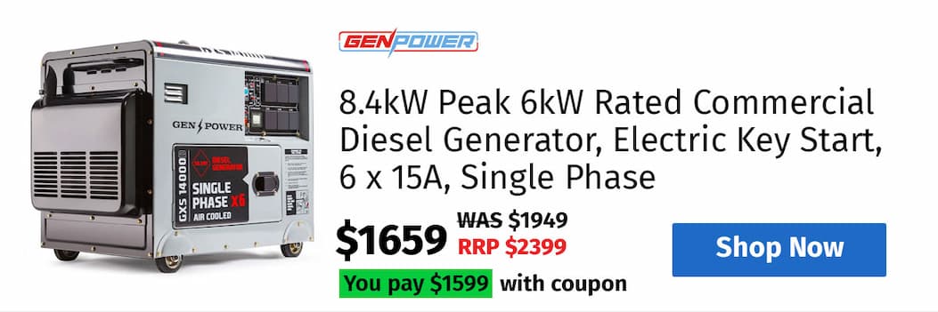 GENPOWER 8.4kW Peak 6kW Rated Commercial Diesel Generator, Electric Key Start, 6 x 15A, Single Phase