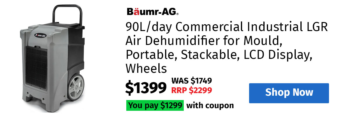 BAUMR-AG 90L/day Commercial Industrial LGR Air Dehumidifier for Mould, Portable, Stackable, LCD Display, Wheels