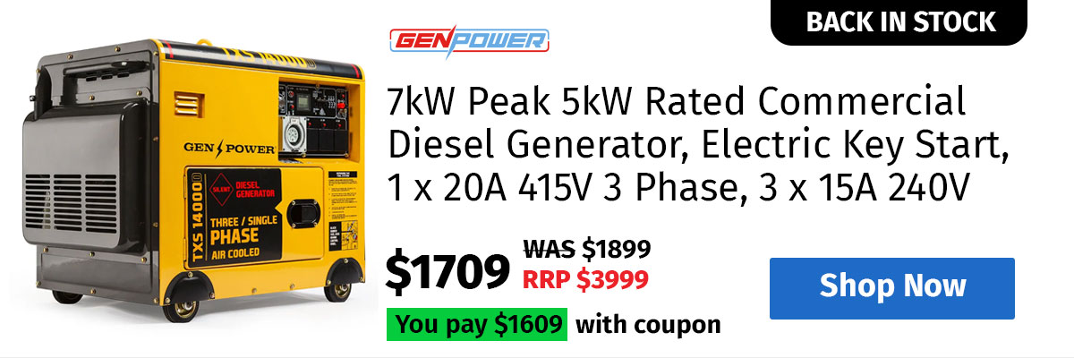 GENPOWER 7kW Peak 5kW Rated Commercial Diesel Generator, Electric Key Start, 1 x 20A 415V 3 Phase, 3 x 15A 240V