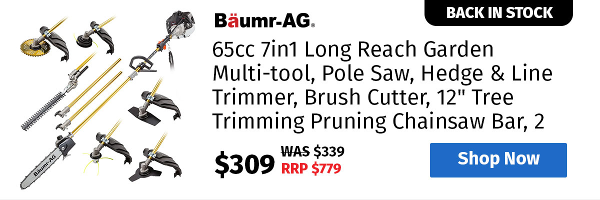 BAUMR-AG 65cc 7in1 Long Reach Garden Multi-tool, Pole Saw, Hedge & Line Trimmer, Brush Cutter, 12" Tree Trimming Pruning Chainsaw Bar, 2 Extension Shafts