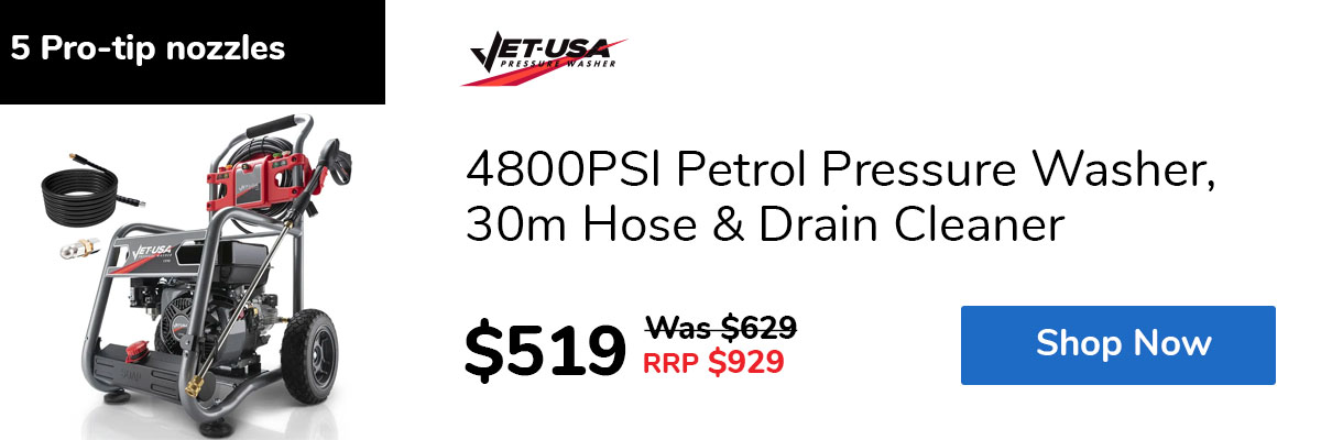 4800PSI Petrol Pressure Washer, 30m Hose & Drain Cleaner
