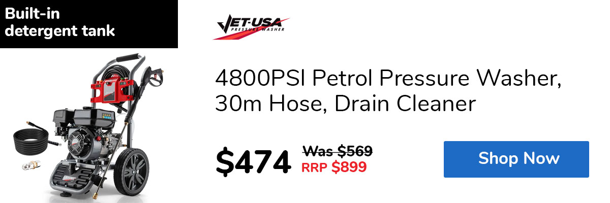 4800PSI Petrol Pressure Washer, 30m Hose, Drain Cleaner