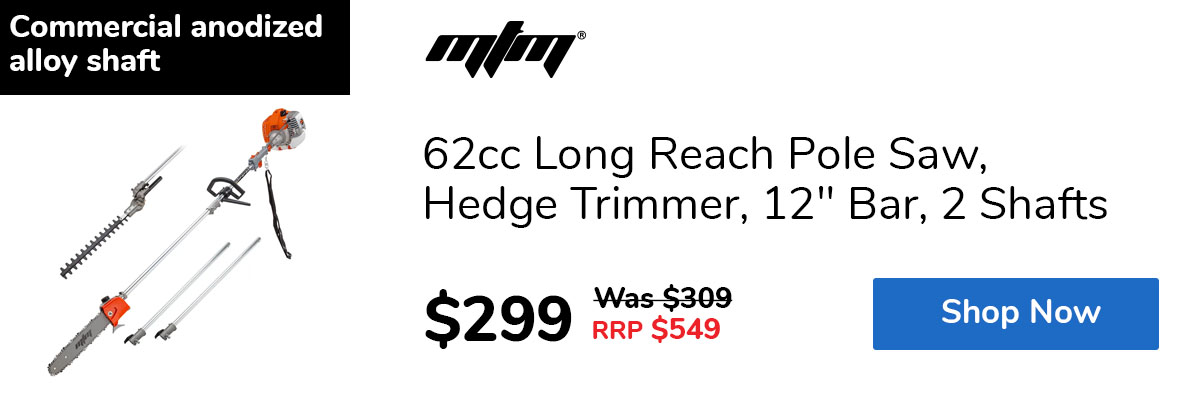 62cc Long Reach Pole Saw, Hedge Trimmer, 12" Bar, 2 Shafts
