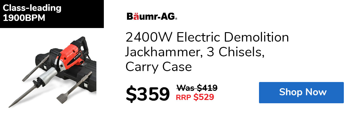 2400W Electric Demolition Jackhammer, 3 Chisels, Carry Case