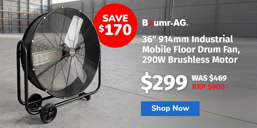 BAUMR-AG 36" 914mm Industrial Mobile Floor Drum Fan, 290W Brushless Motor, Tilting, Large, Commercial, Heavy-duty Frame, EESS Certified