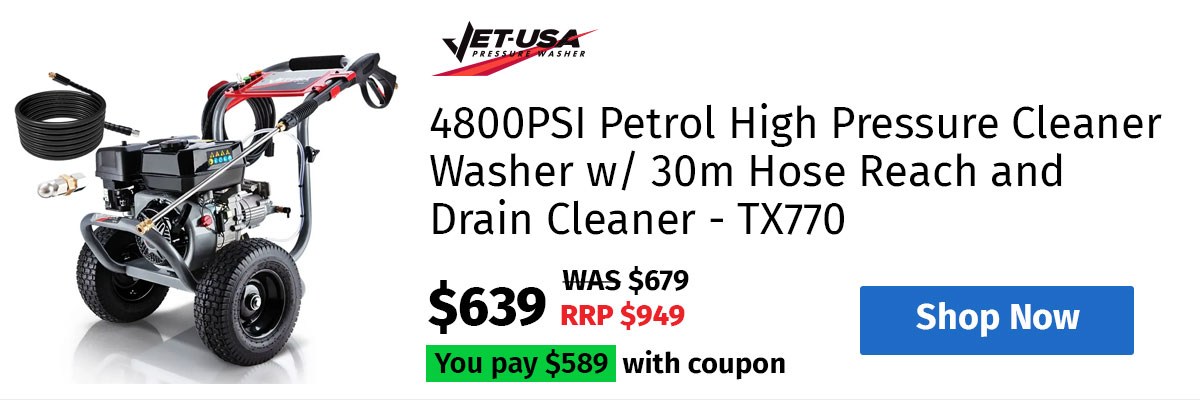 JET-USA 4800PSI Petrol High Pressure Cleaner Washer w/ 30m Hose Reach and Drain Cleaner - TX770
