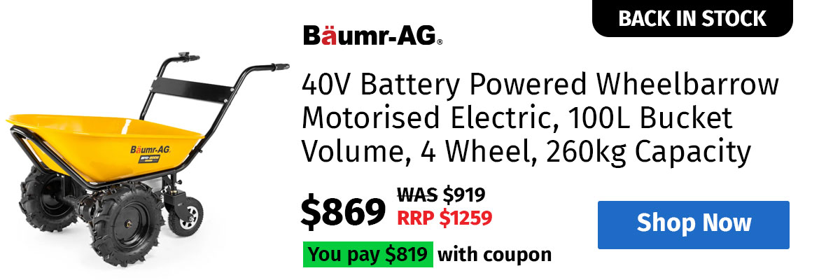 BAUMR-AG 40V Battery Powered Wheelbarrow Motorised Electric, 100L Bucket Volume, 4 Wheel, 260kg Capacity