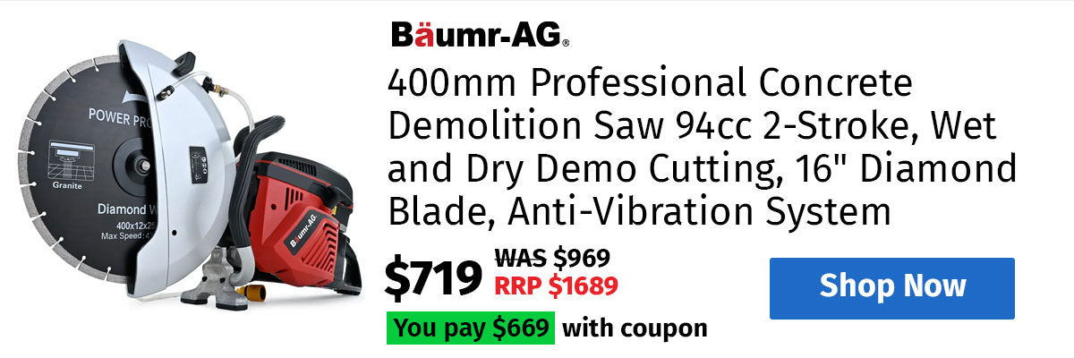 BAUMR-AG 400mm Professional Concrete Demolition Saw 94cc 2-Stroke, Wet and Dry Demo Cutting, 16" Diamond Blade, Anti-Vibration System