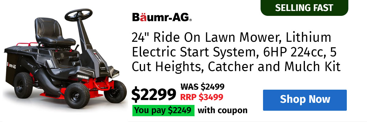 BAUMR-AG 24" Ride On Lawn Mower, Lithium Electric Start System, 6HP 224cc, 5 Cut Heights, Catcher and Mulch Kit