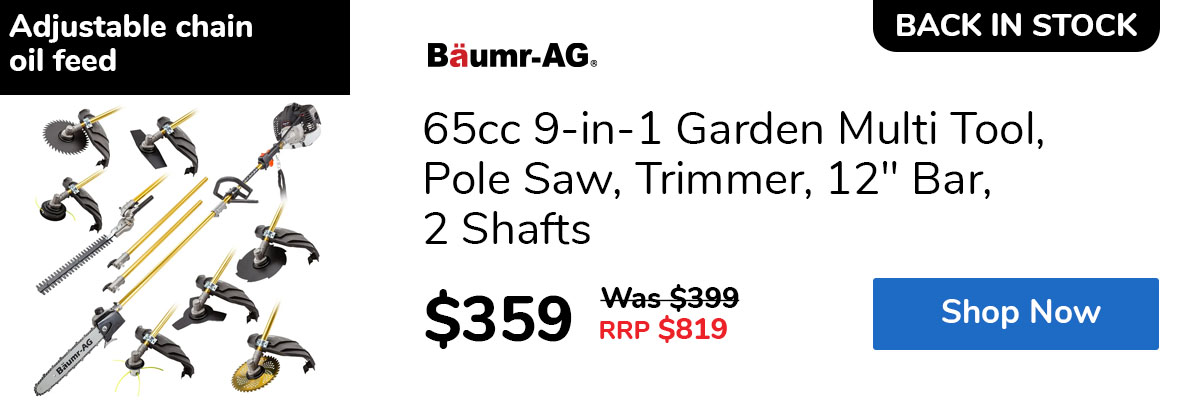 65cc 9-in-1 Garden Multi Tool, Pole Saw, Trimmer, 12" Bar, 2 Shafts