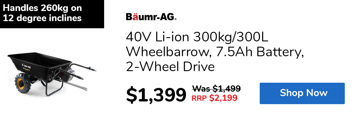 40V Li-ion 300kg/300L Wheelbarrow, 7.5Ah Battery, 2-Wheel Drive