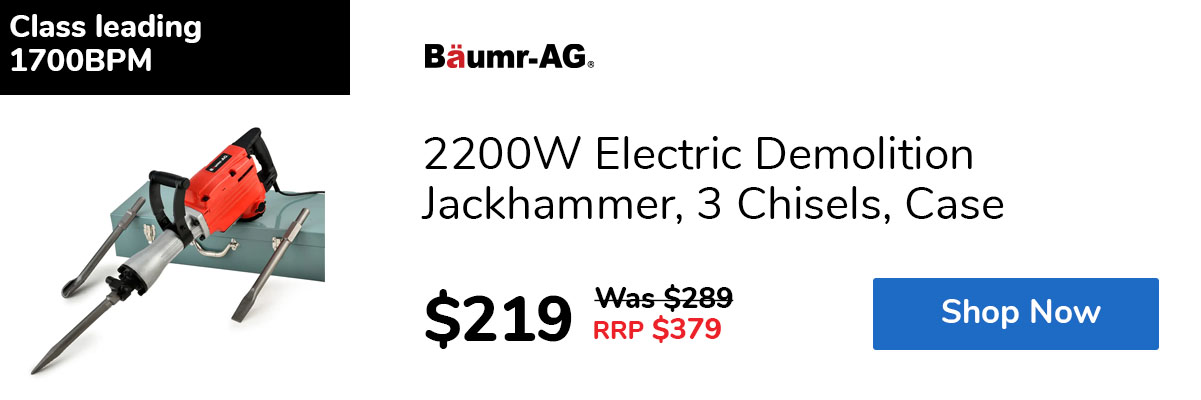 2200W Electric Demolition Jackhammer, 3 Chisels, Case