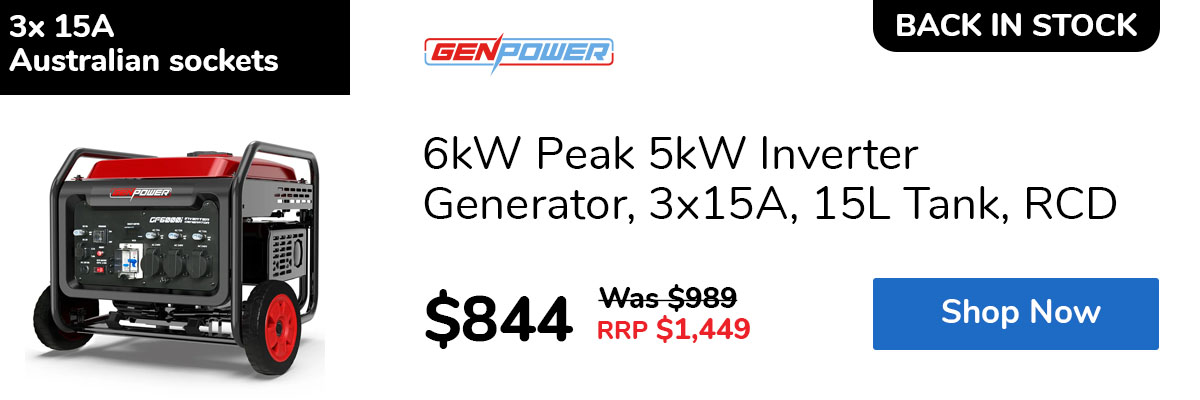 6kW Peak 5kW Inverter Generator, 3x15A, 15L Tank, RCD