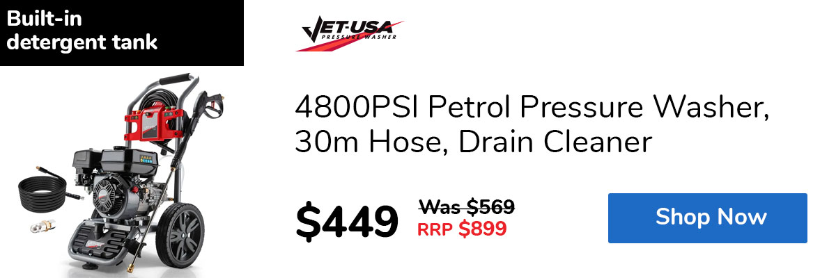 4800PSI Petrol Pressure Washer, 30m Hose, Drain Cleaner