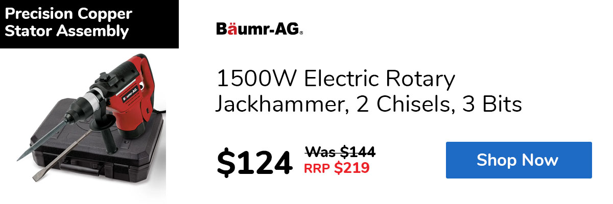 1500W Electric Rotary Jackhammer, 2 Chisels, 3 Bits