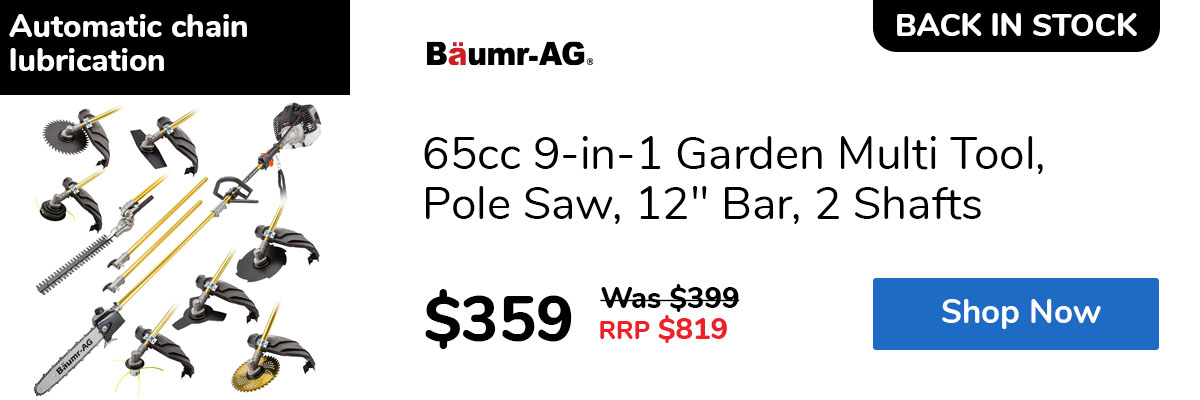 65cc 9-in-1 Garden Multi Tool, Pole Saw, 12" Bar, 2 Shafts