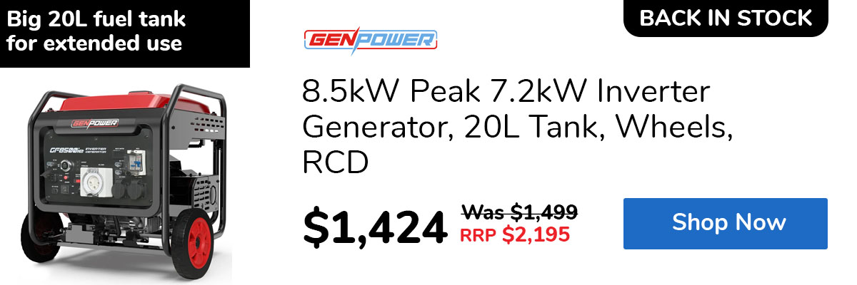 8.5kW Peak 7.2kW Inverter Generator, 20L Tank, Wheels, RCD