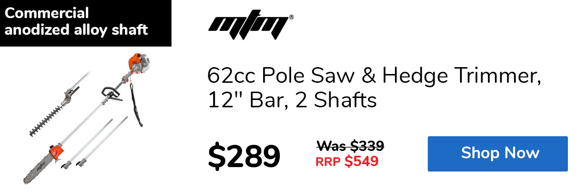 62cc Pole Saw & Hedge Trimmer, 12" Bar, 2 Shafts