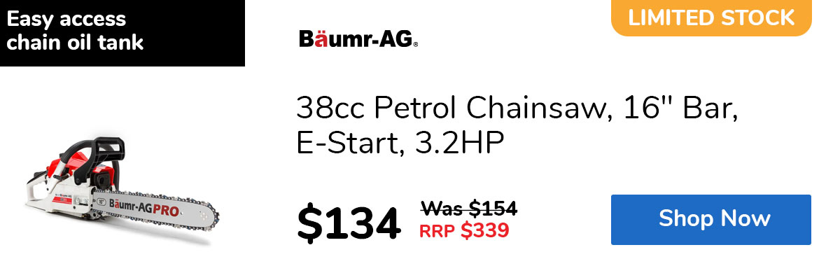 38cc Petrol Chainsaw, 16" Bar, E-Start, 3.2HP