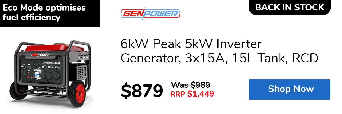 6kW Peak 5kW Inverter Generator, 3x15A, 15L Tank, RCD