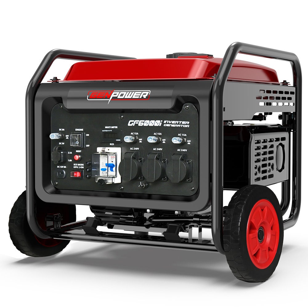 Image of GENPOWER 6kW Peak 5kW Open Frame Inverter Generator, 3x15A, 15L Tank, Wheels, RCD, Portable, Backup