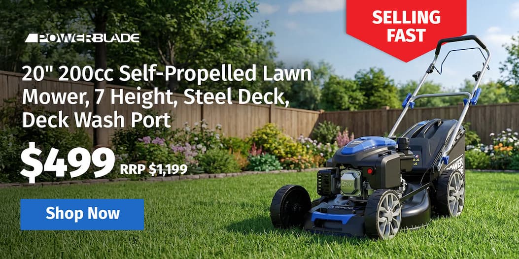 POWERBLADE 20" 200cc Self-Propelled Lawn Mower, 7 Height, Steel Deck, Deck Wash Port, OHV 4-Stroke Petrol - VS900