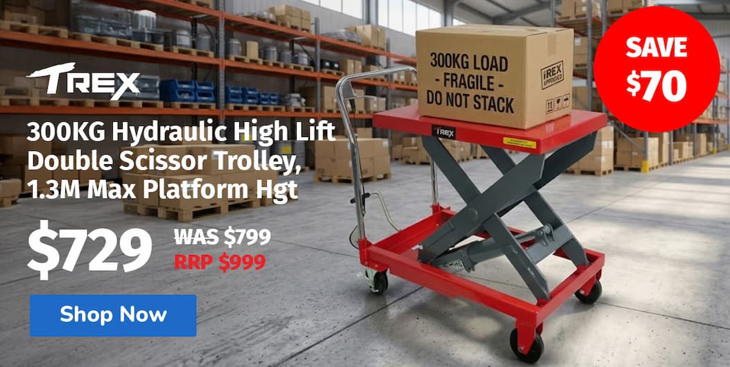 T-REX 300KG Hydraulic High Lift Double Scissor Trolley, 1.3M Max Platform Hgt, Heavy-Duty, for Material Handling