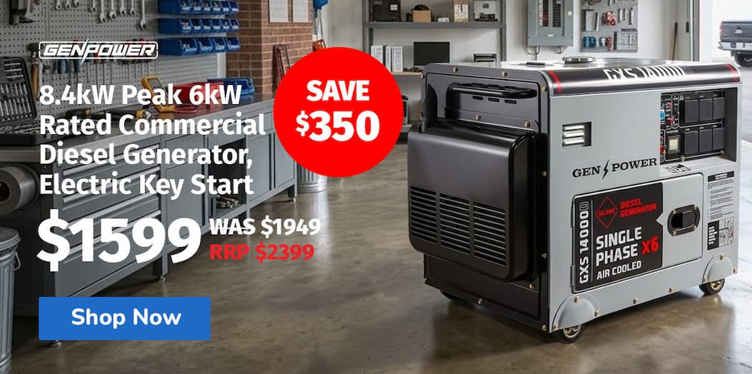 GENPOWER 8.4kW Peak 6kW Rated Commercial Diesel Generator, Electric Key Start, 6 x 15A, Single Phase