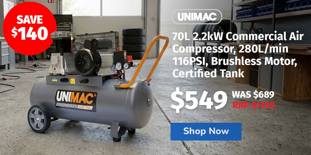 UNIMAC 70L 2.2kW Commercial Air Compressor, 280L/min 116PSI, Brushless Motor, Certified Tank, Long Service Life