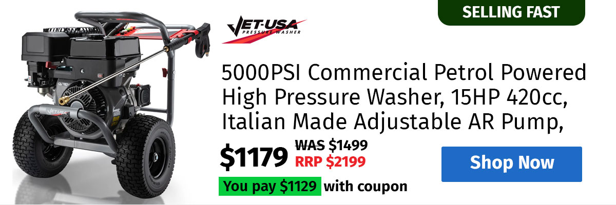 JET-USA 5000PSI Commercial Petrol Powered High Pressure Washer, 15HP 420cc, Italian Made Adjustable AR Pump, 20m Hose - TX870