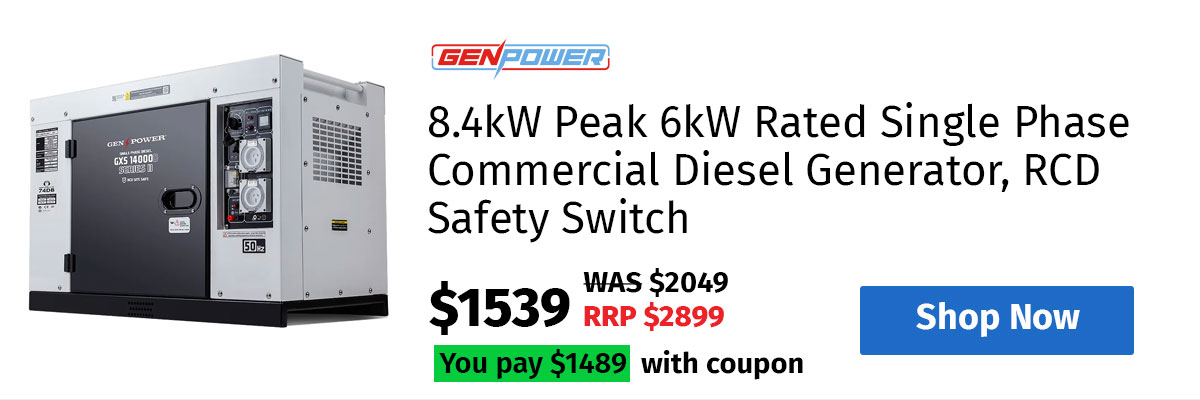 GENPOWER 8.4kW Peak 6kW Rated Single Phase Commercial Diesel Generator, RCD Safety Switch