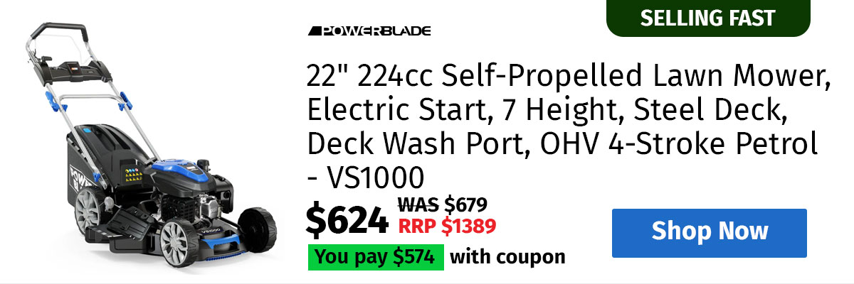 POWERBLADE 22" 224cc Self-Propelled Lawn Mower, Electric Start, 7 Height, Steel Deck, Deck Wash Port, OHV 4-Stroke Petrol - VS1000