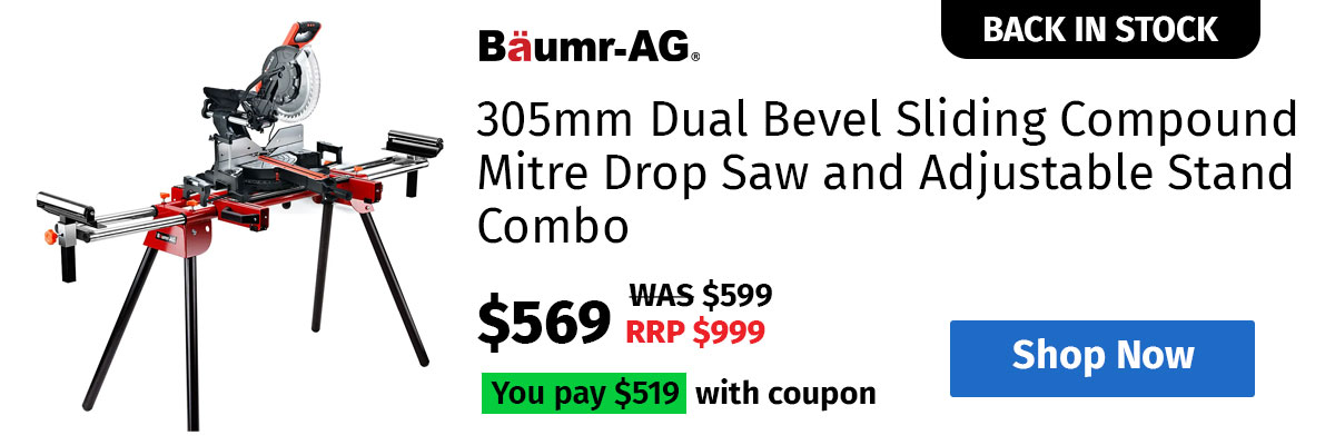 BAUMR-AG 305mm Dual Bevel Sliding Compound Mitre Drop Saw and Adjustable Stand Combo