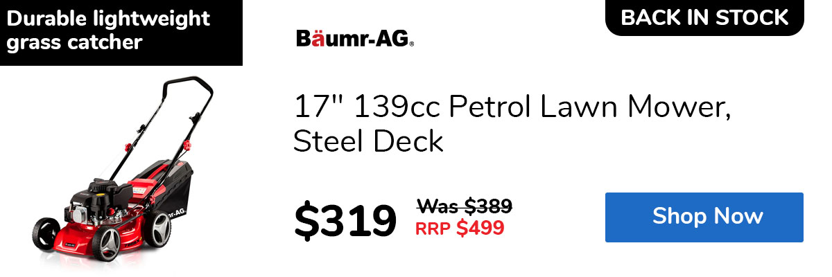 17" 139cc Petrol Lawn Mower, Steel Deck