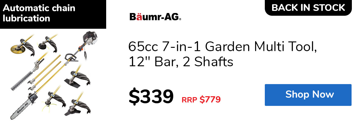 65cc 7-in-1 Garden Multi Tool, 12" Bar, 2 Shafts