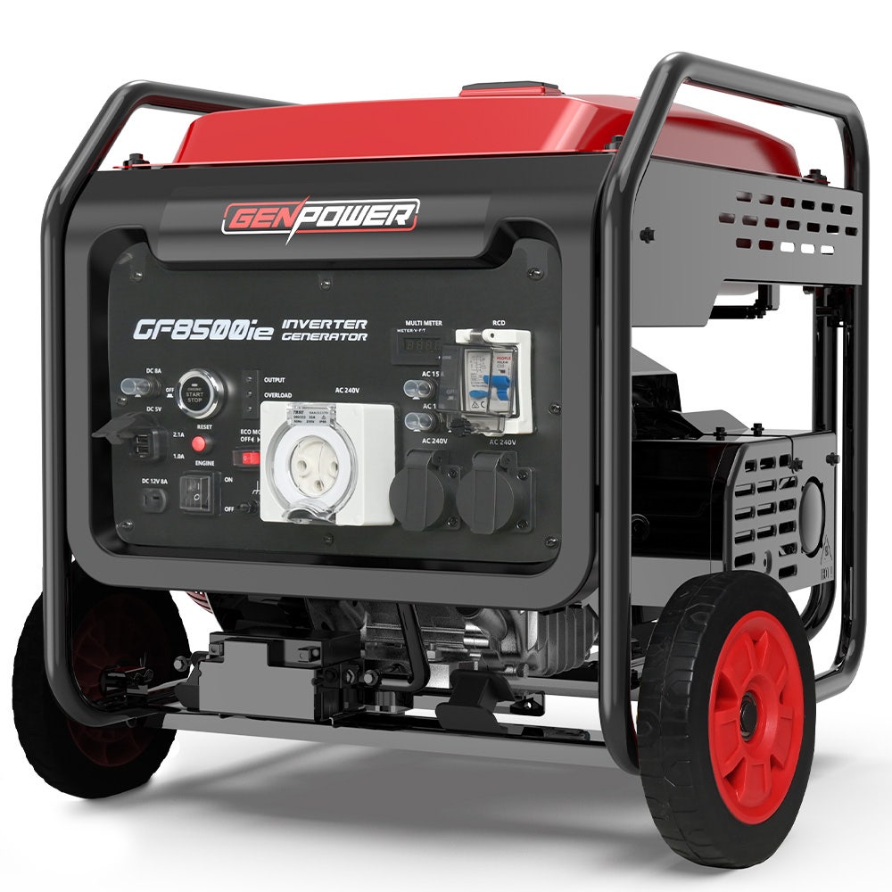 Image of GENPOWER 8.5kW Peak 7.2kw Open Frame Inverter Generator, Push-Button Start, 2x15A, 1x32A, 20L Tank, Wheels, RCD, Portable, Backup